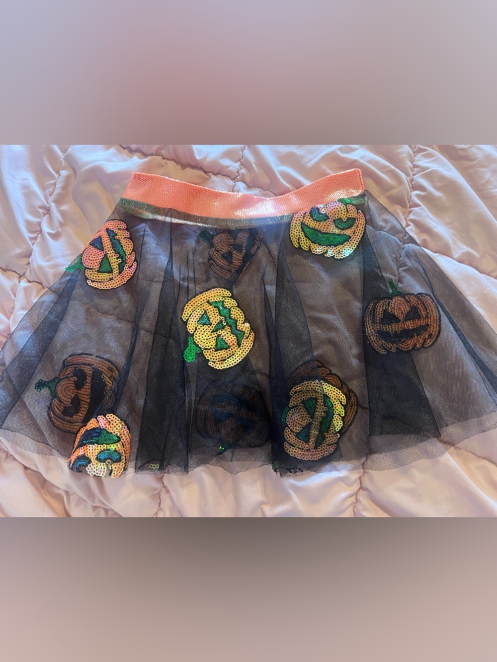 Girls Black Halloween Tulle Skirt with Sequin Pumpkins